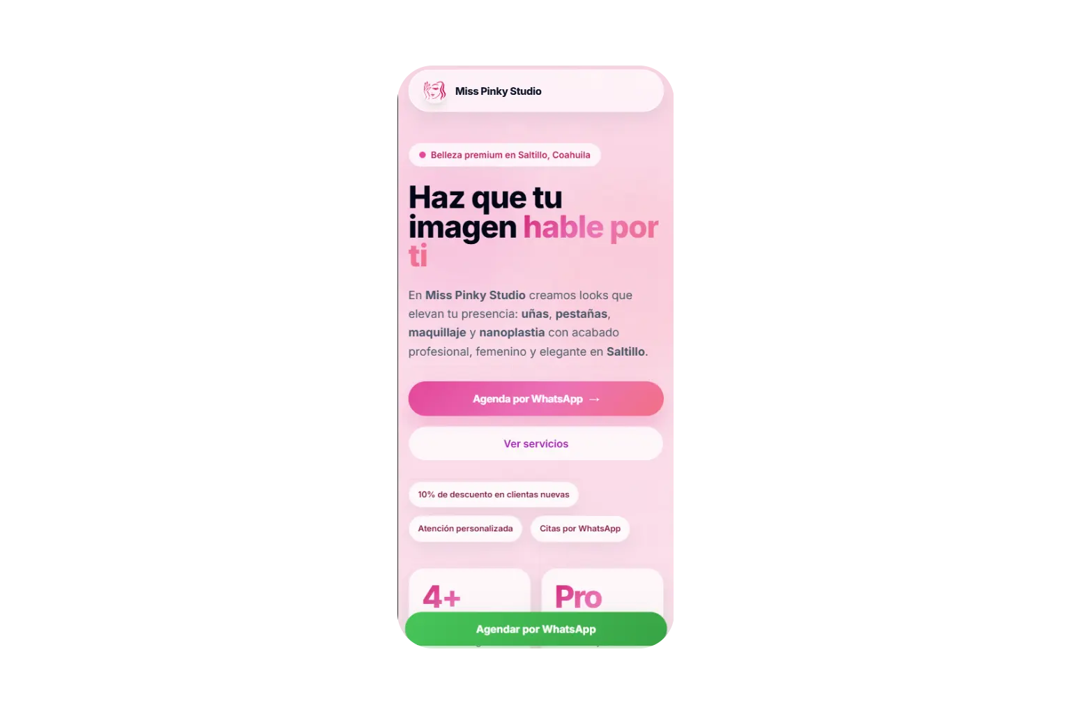 Landing page móvil de Miss Pinky Studio